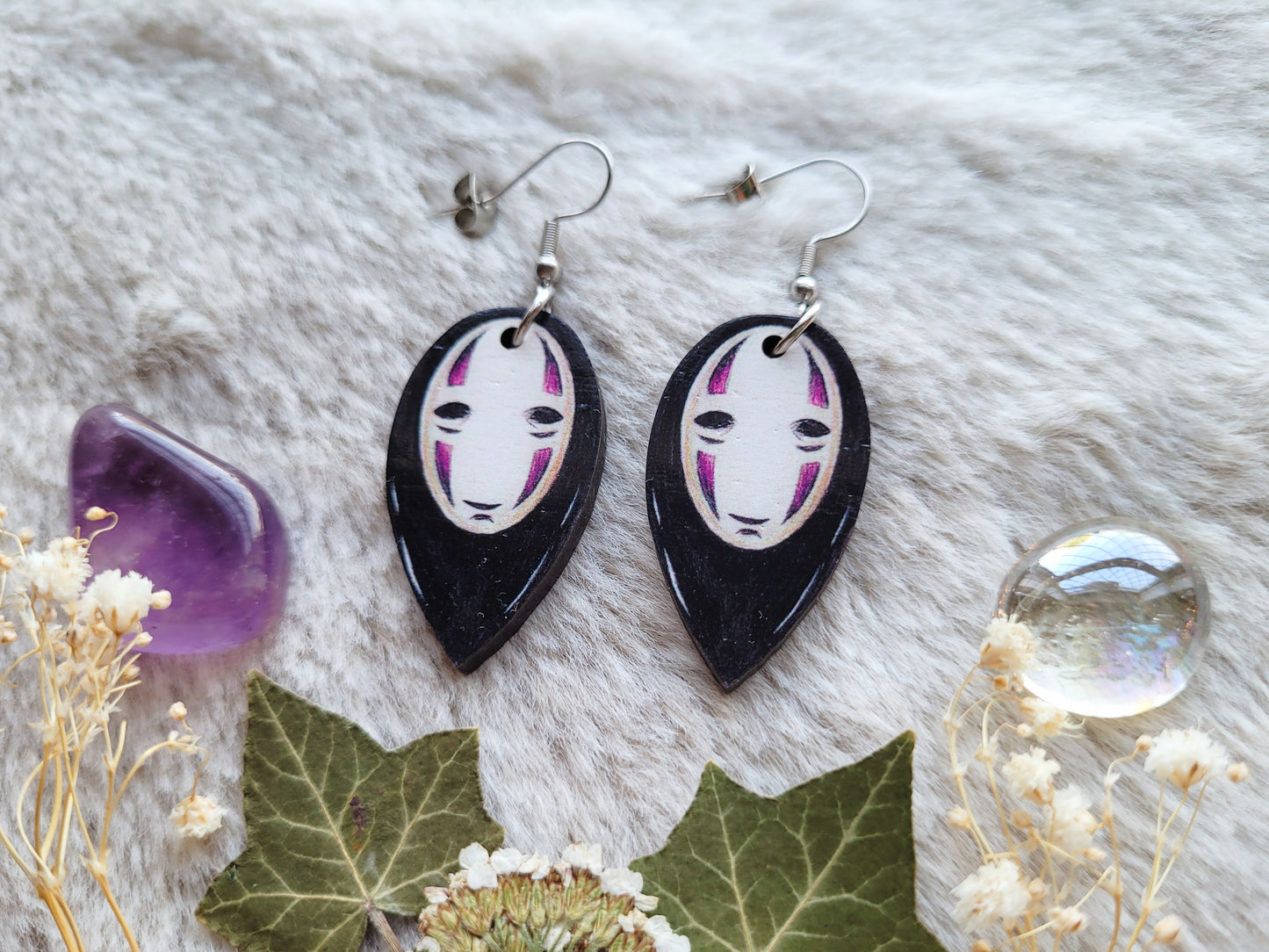 No Face illustrated earrings, responsibly sourced cherry wood, 304 Stainless Steel hooks, by Grace Moth