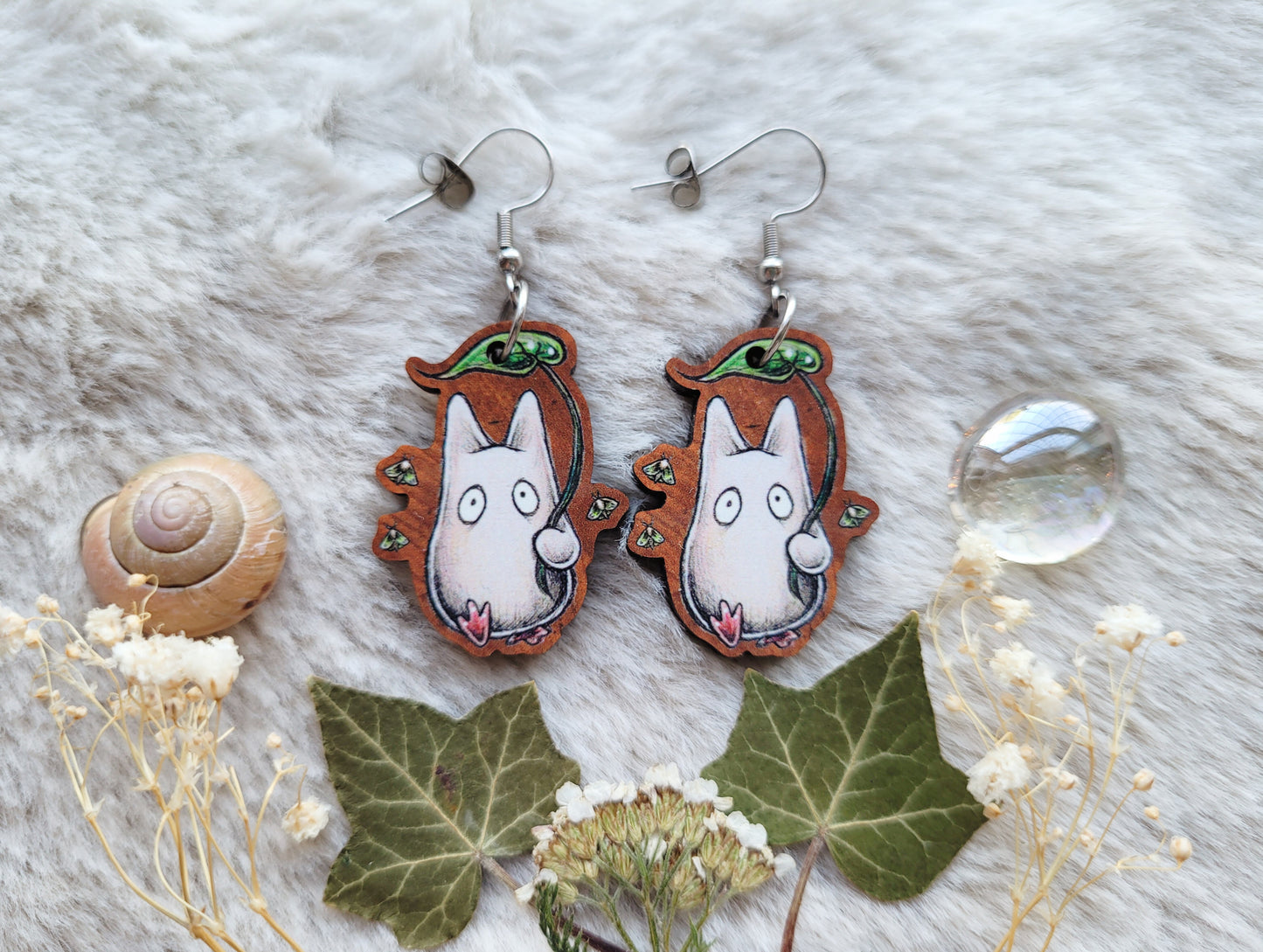 Nature Spirit illustrated earrings, anime inspired, responsibly sourced cherry wood, 304 Stainless Steel hooks, by Grace Moth