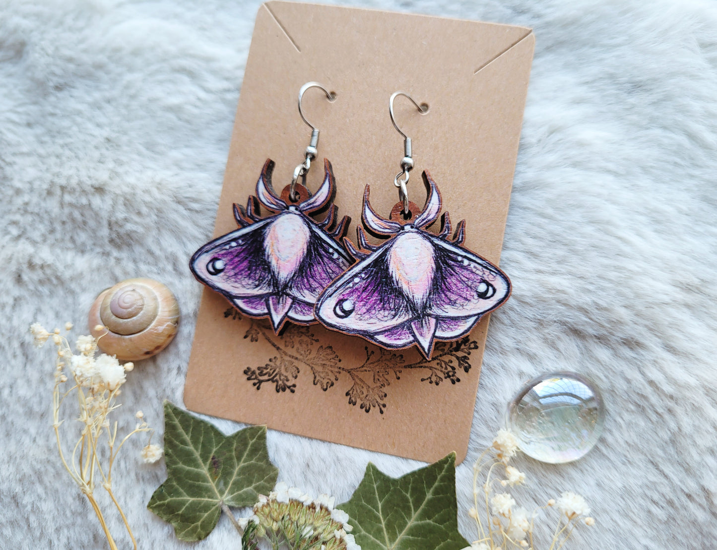 Magical Moth illustrated earrings, responsibly sourced cherry wood, 304 Stainless Steel hooks, by Grace Moth
