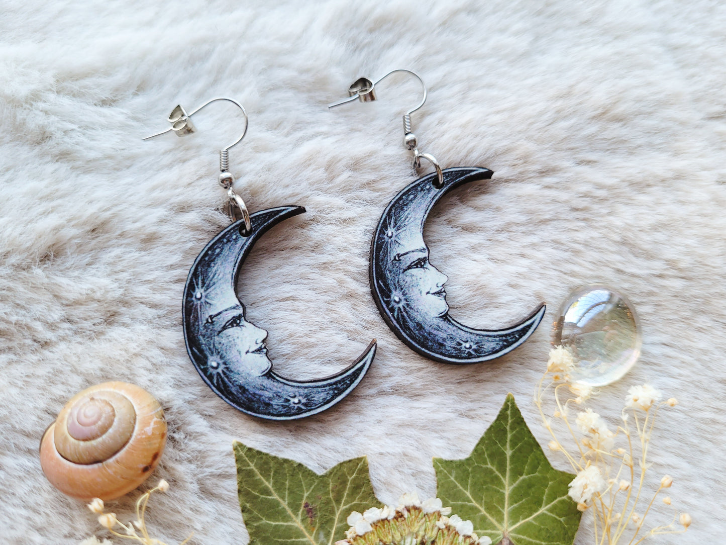 Crescent Moon illustrated earrings, responsibly sourced cherry wood, 304 Stainless Steel hooks, by Grace Moth