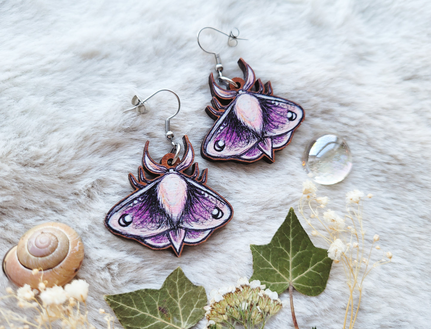 Magical Moth illustrated earrings, responsibly sourced cherry wood, 304 Stainless Steel hooks, by Grace Moth