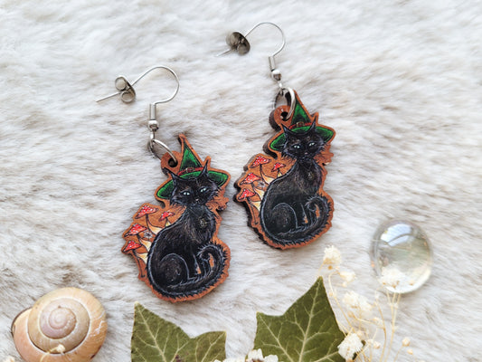 Witches Cat illustrated earrings, responsibly sourced cherry wood, 304 Stainless Steel hooks, by Grace Moth