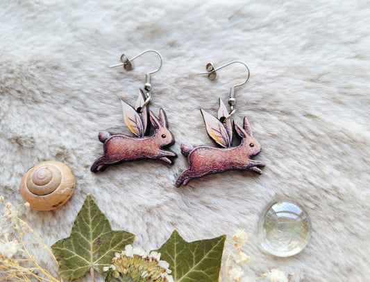 Rabbit Fairy illustrated earrings, responsibly sourced cherry wood, 304 Stainless Steel hooks, by Grace Moth