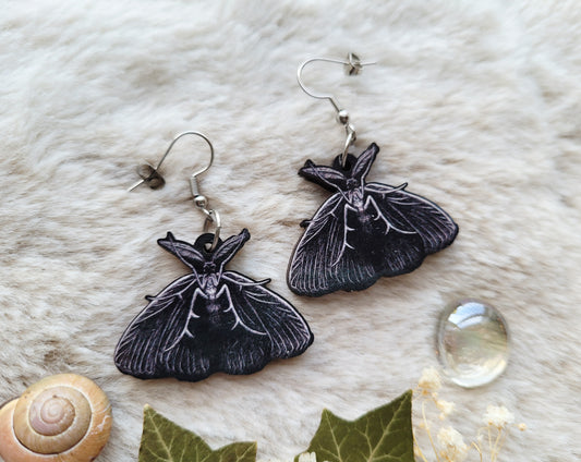 Dark Moth illustrated earrings, responsibly sourced cherry wood, 304 Stainless Steel hooks, by Grace Moth