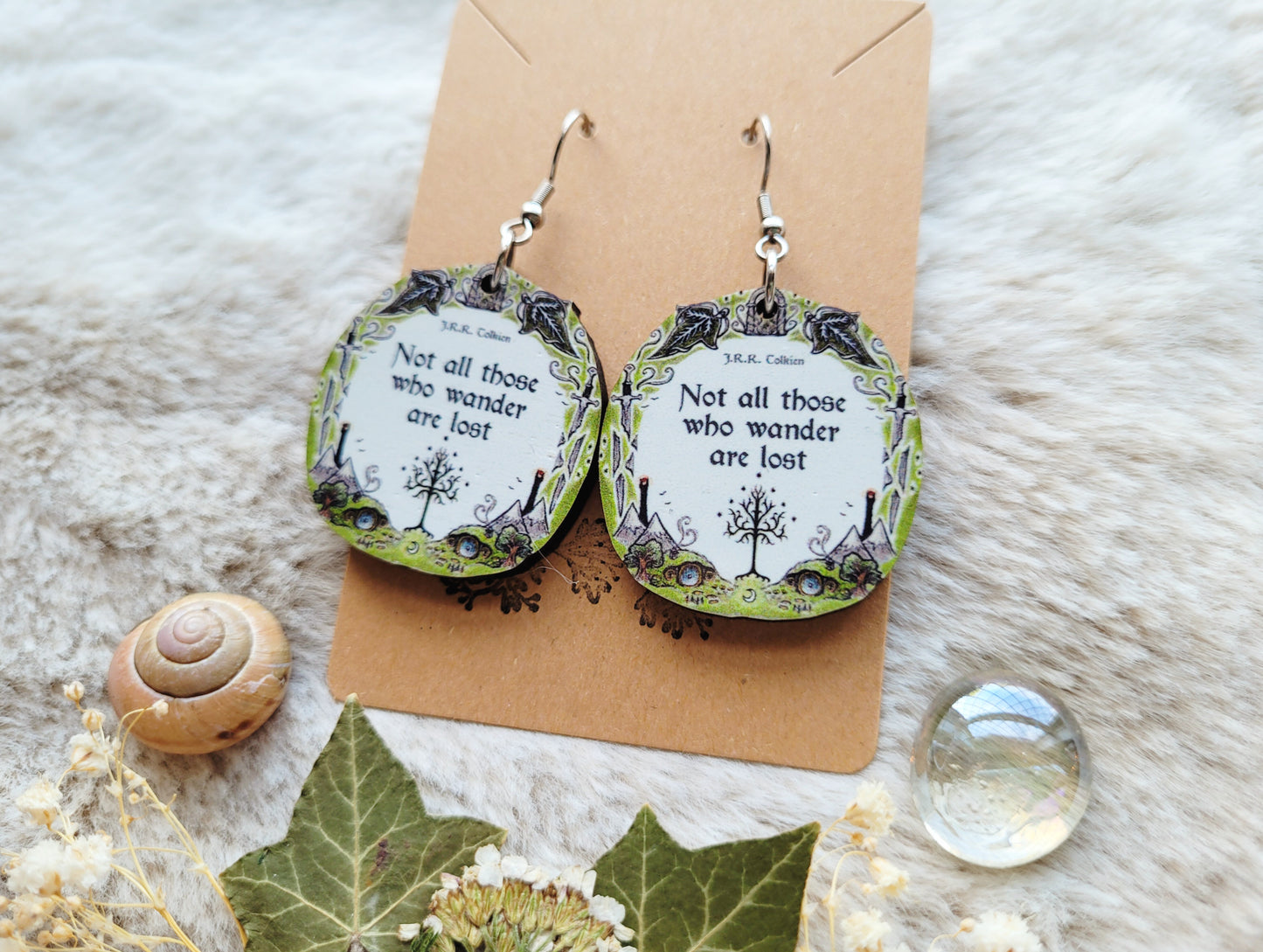 Lotr quote illustrated earrings, responsibly sourced cherry wood, hobbit, 304 Stainless Steel hooks, by Grace Moth