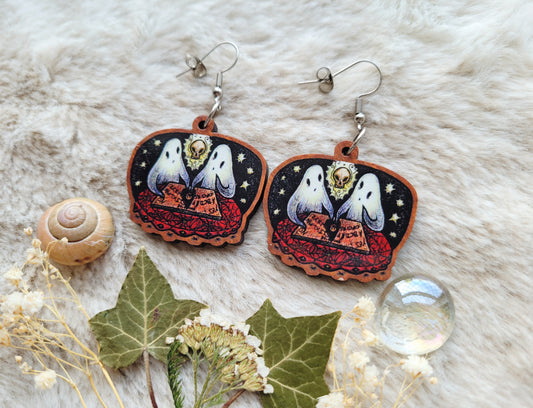 Ghost Seance illustrated earrings, responsibly sourced cherry wood, 304 Stainless Steel hooks, by Grace Moth