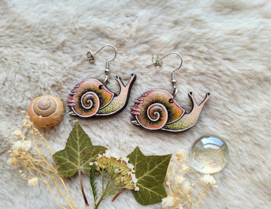 Cute Snail illustrated earrings, responsibly sourced cherry wood, 304 Stainless Steel hooks, by Grace Moth