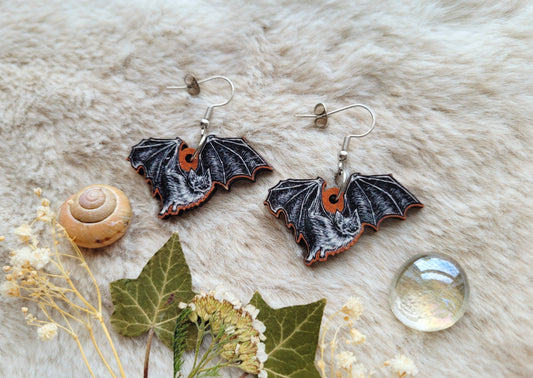 Bat illustrated earrings, responsibly sourced cherry wood, 304 Stainless Steel hooks, by Grace Moth