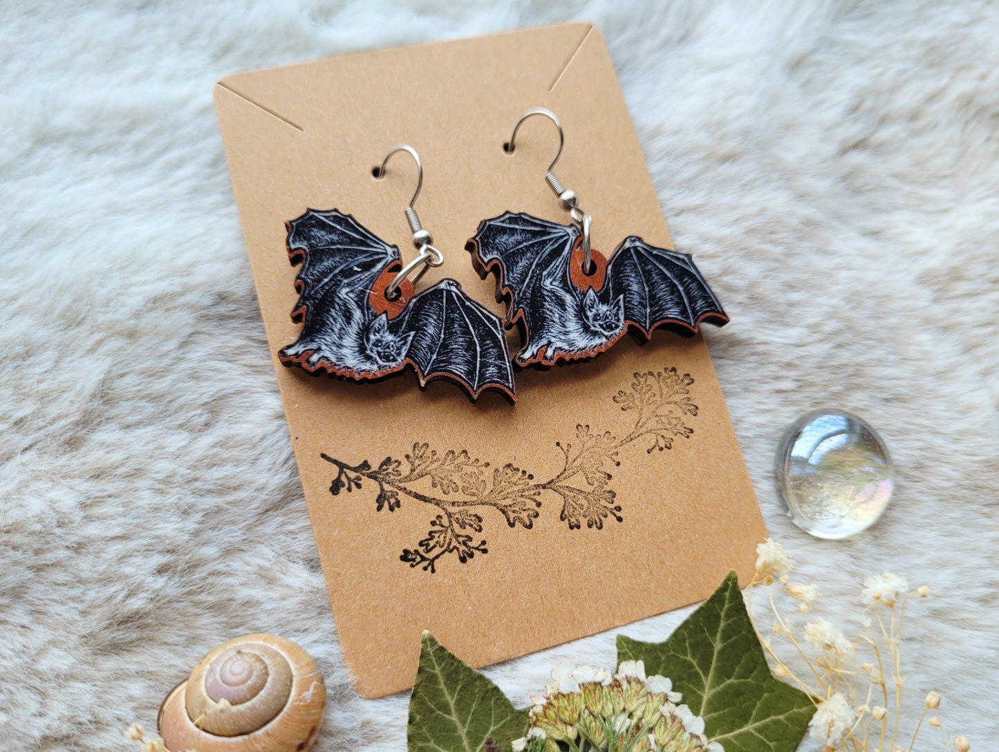 Bat illustrated earrings, responsibly sourced cherry wood, 304 Stainless Steel hooks, by Grace Moth