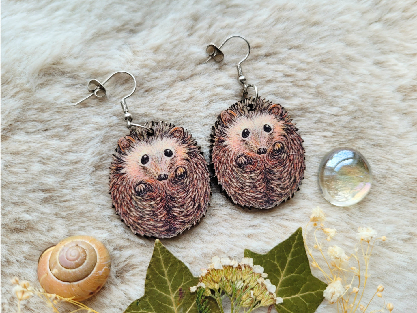 Hedgehog illustrated earrings, responsibly sourced cherry wood, 304 Stainless Steel hooks, by Grace Moth
