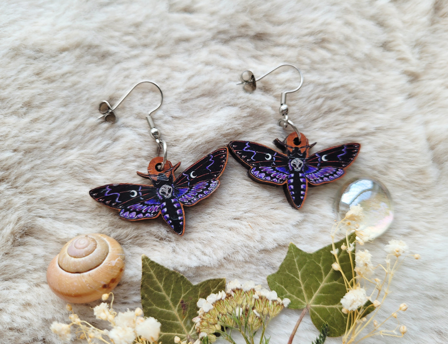 Purple Death head hawk moth illustrated earrings, responsibly sourced cherry wood, 304 Stainless Steel hooks, by Grace Moth