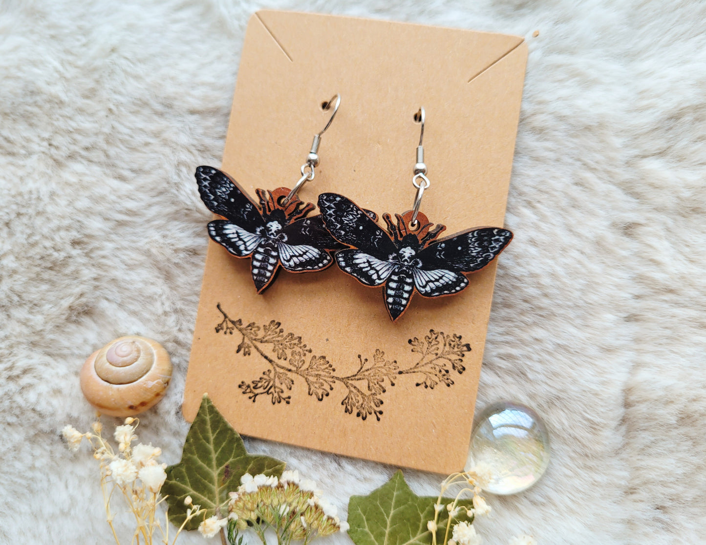 Death head hawk moth illustrated earrings, responsibly sourced cherry wood, 304 Stainless Steel hooks, by Grace Moth