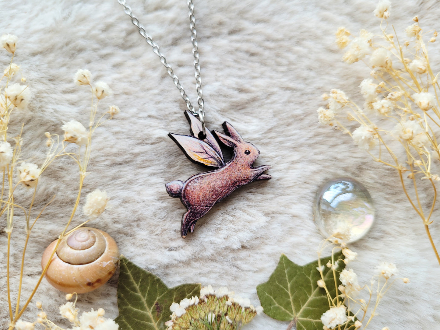Rabbit Fairy Illustrated necklace, responsibly sourced cherry wood, chain options available, by Grace Moth