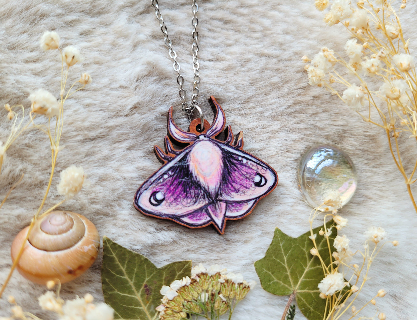 Magical Moth Illustrated necklace, responsibly sourced cherry wood, chain options available, by Grace Moth