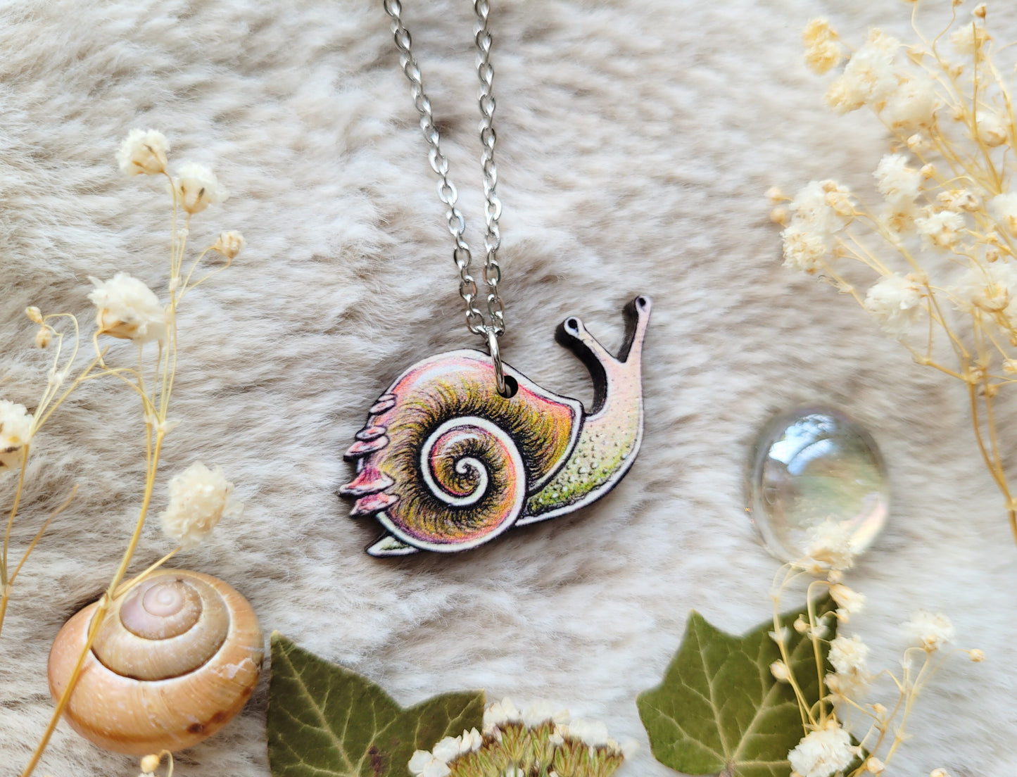 Cute Snail Illustrated necklace, responsibly sourced cherry wood, chain options available, by Grace Moth