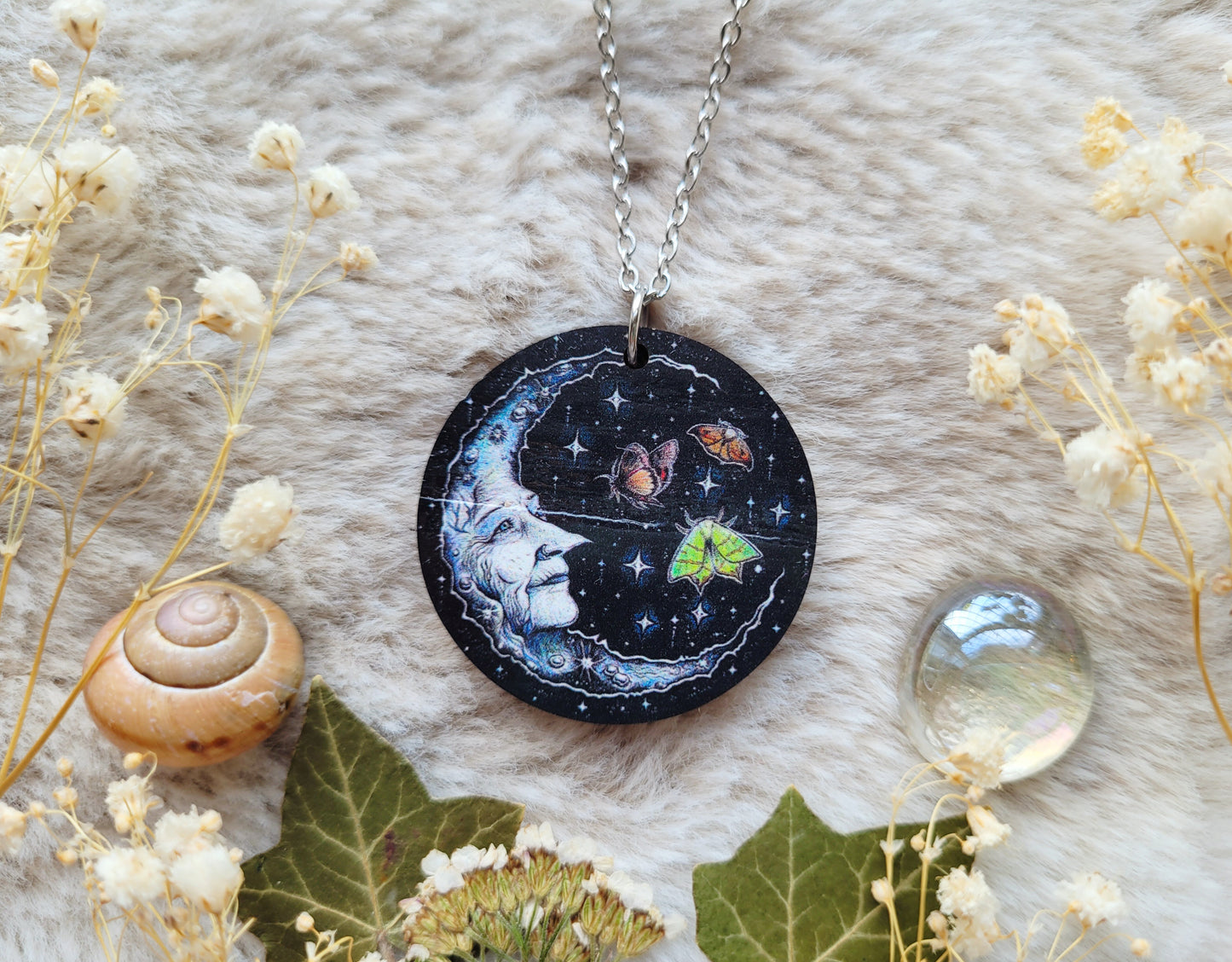 Wise Moon Illustrated necklace, crone, responsibly sourced cherry wood, chain options available, by Grace Moth