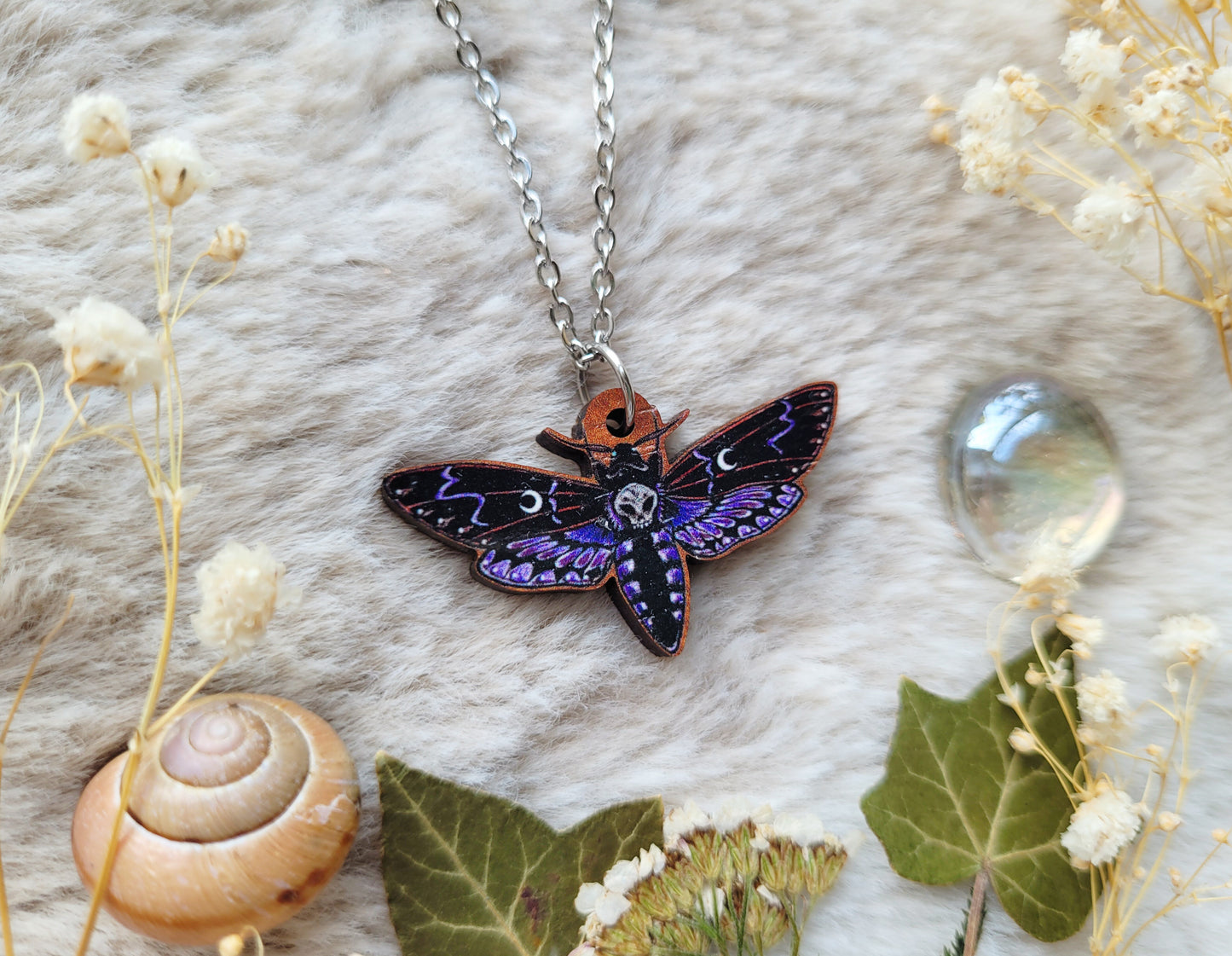 Purple Death Hawk moth Illustrated necklace, responsibly sourced cherry wood, chain options available, by Grace Moth