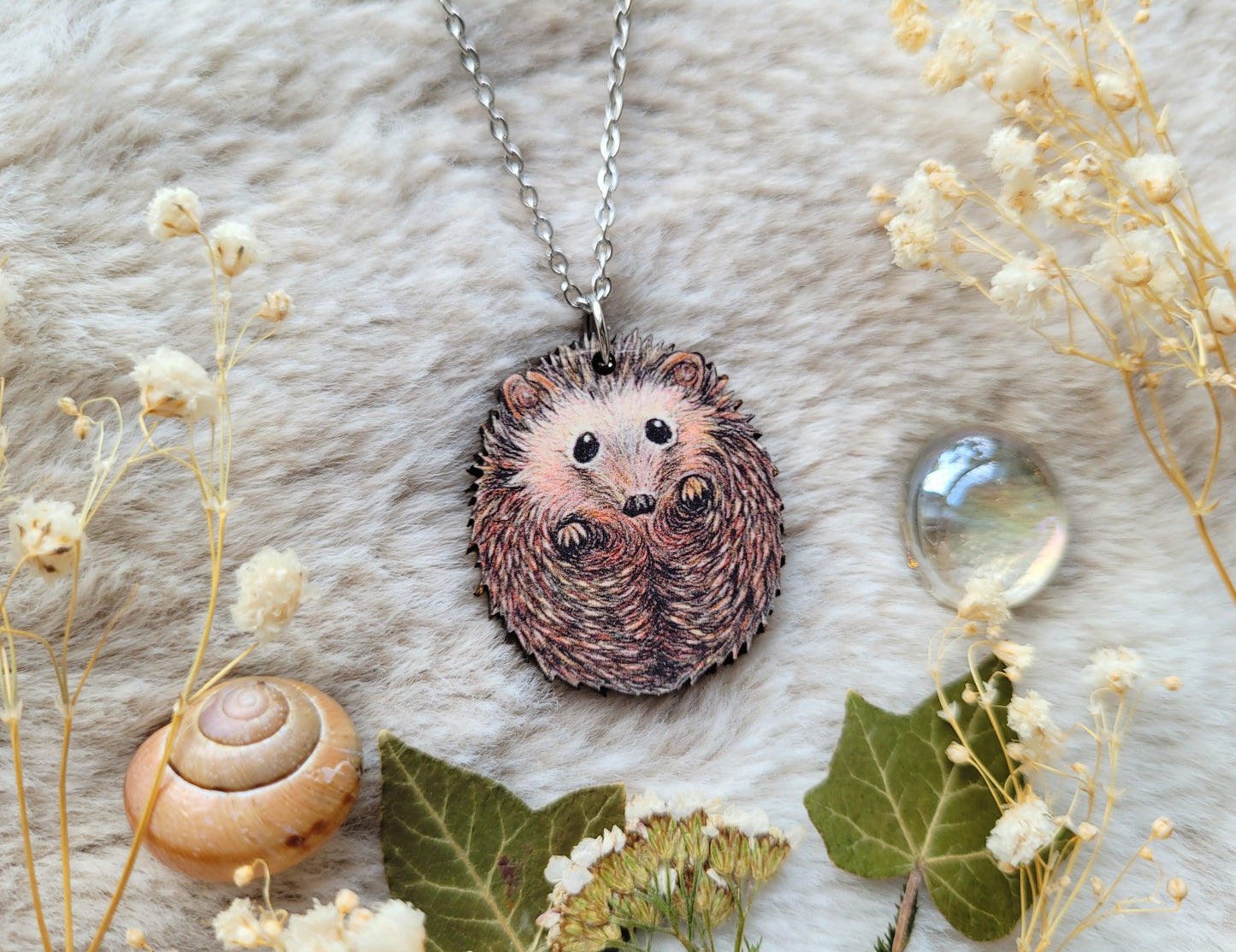 Hedgehog Illustrated necklace, responsibly sourced cherry wood, chain options available, by Grace Moth