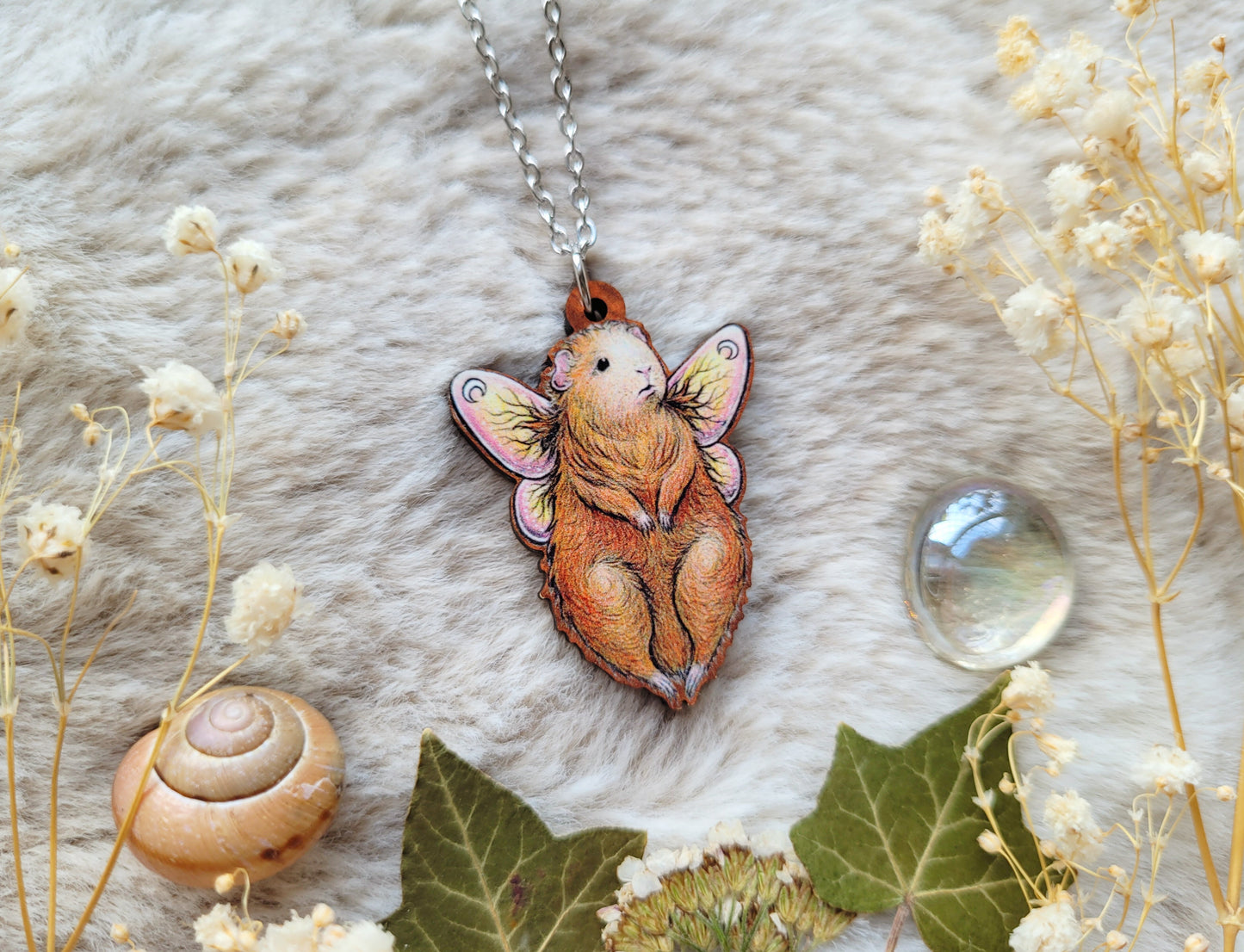 Guinea pig fairy Illustrated necklace, responsibly sourced cherry wood, chain options available, by Grace Moth