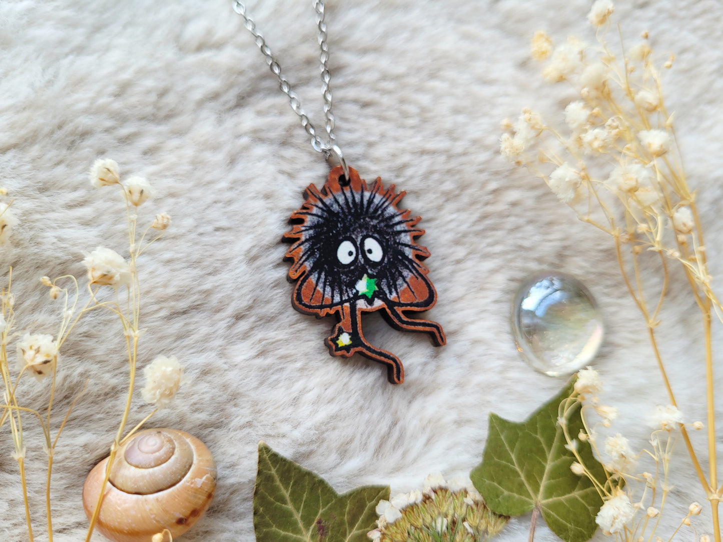 Soot Sprite Illustrated necklace, green star, anime inspired, responsibly sourced cherry wood, chain options available, by Grace Moth