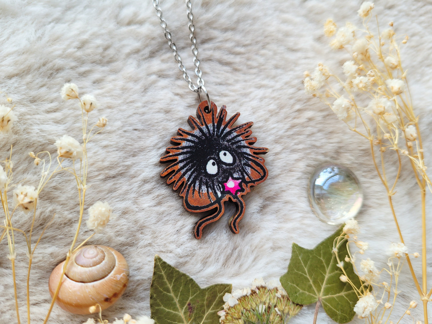 Soot Sprite Illustrated necklace, pink star, responsibly sourced cherry wood, chain options available, by Grace Moth
