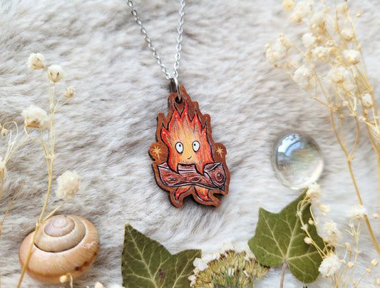 Fire demon Illustrated necklace, anime inspired, responsibly sourced cherry wood, chain options available, by Grace Moth