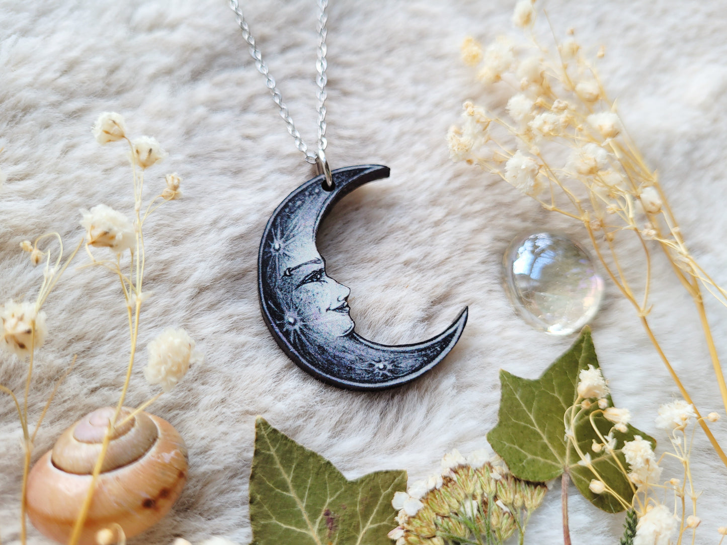 Crescent moon goddess Illustrated necklace, responsibly sourced cherry wood, chain options available, by Grace Moth