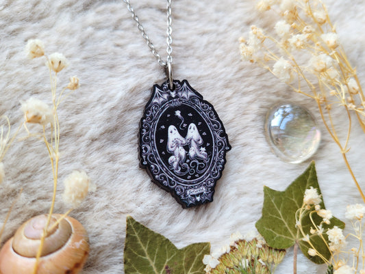 Ghost family portrait Illustrated necklace, responsibly sourced cherry wood, chain options available, by Grace Moth