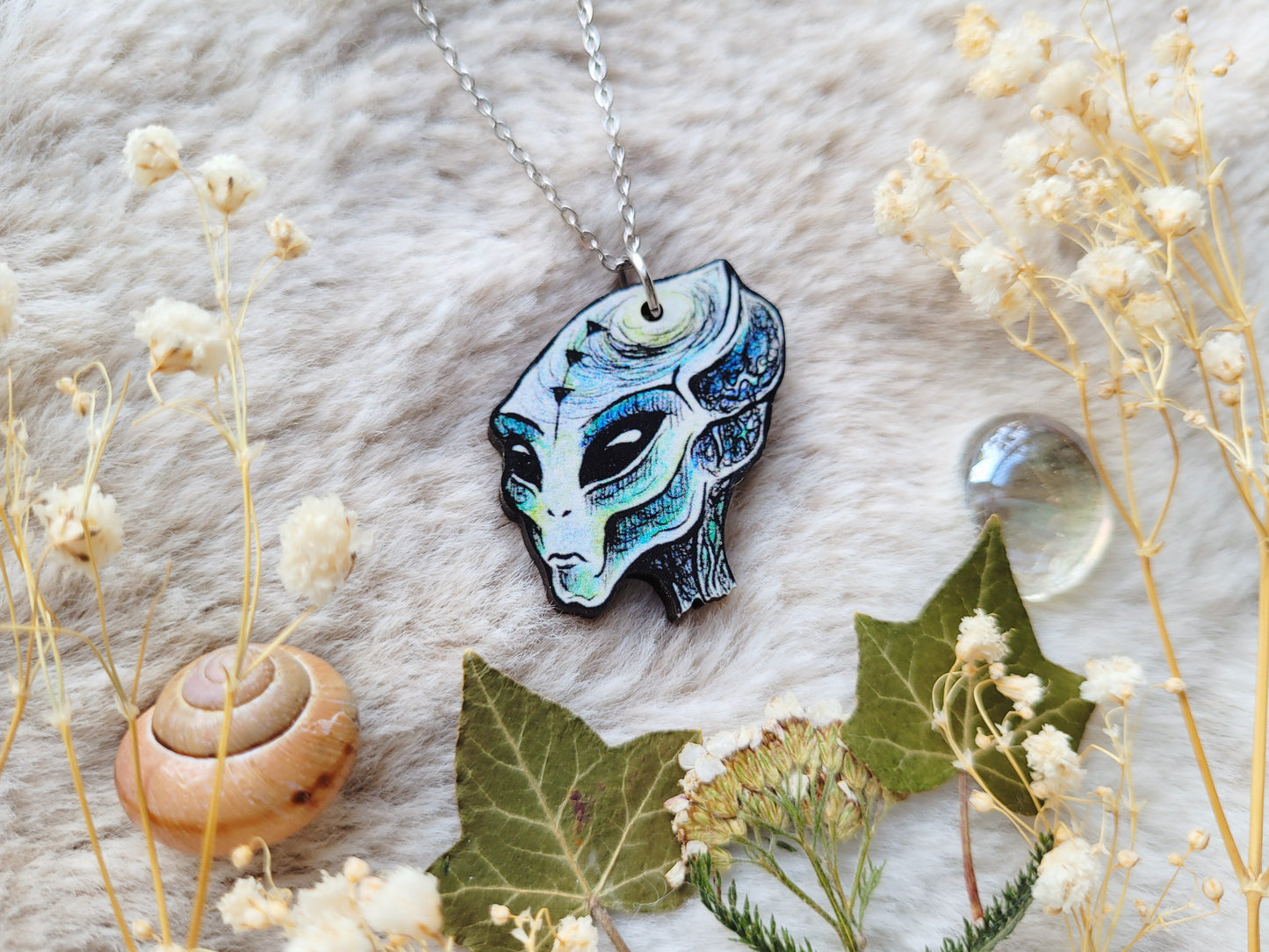 Blue Alien Illustrated necklace, responsibly sourced cherry wood, chain options available, by Grace Moth