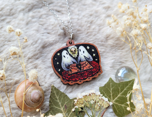 Ghost seance Illustrated necklace, responsibly sourced cherry wood, chain options available, by Grace Moth