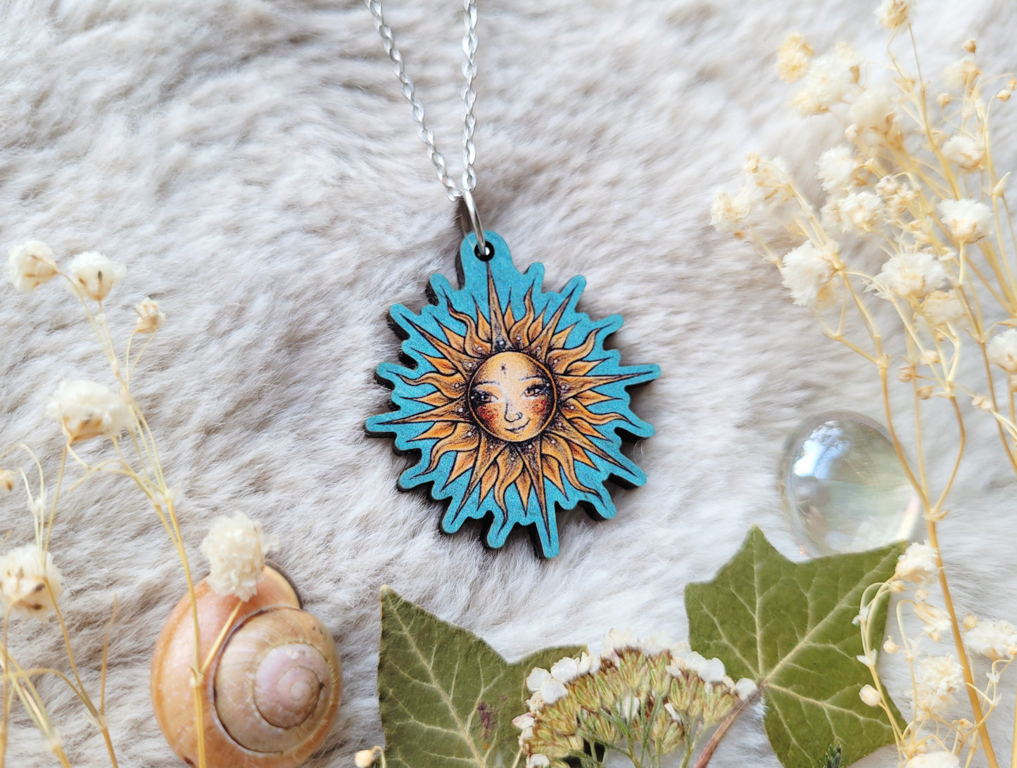 Sun Goddess Illustrated necklace, responsibly sourced cherry wood, chain options available, by Grace Moth