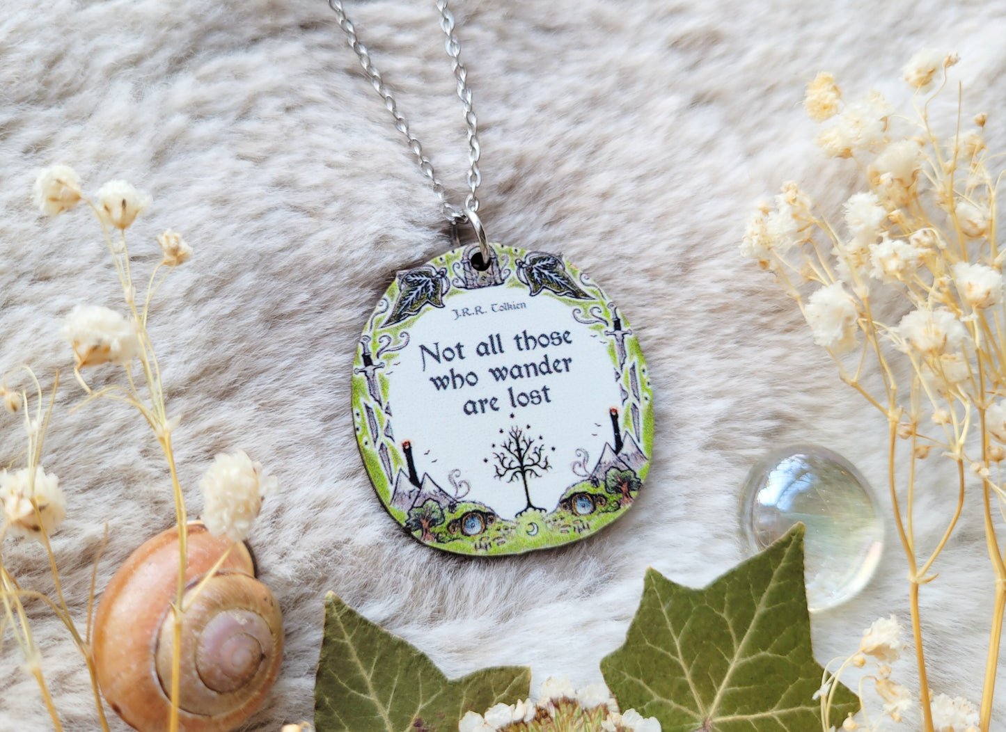 LOTR quote Illustrated necklace, Tolkien inspired, responsibly sourced cherry wood, chain options available, by Grace Moth