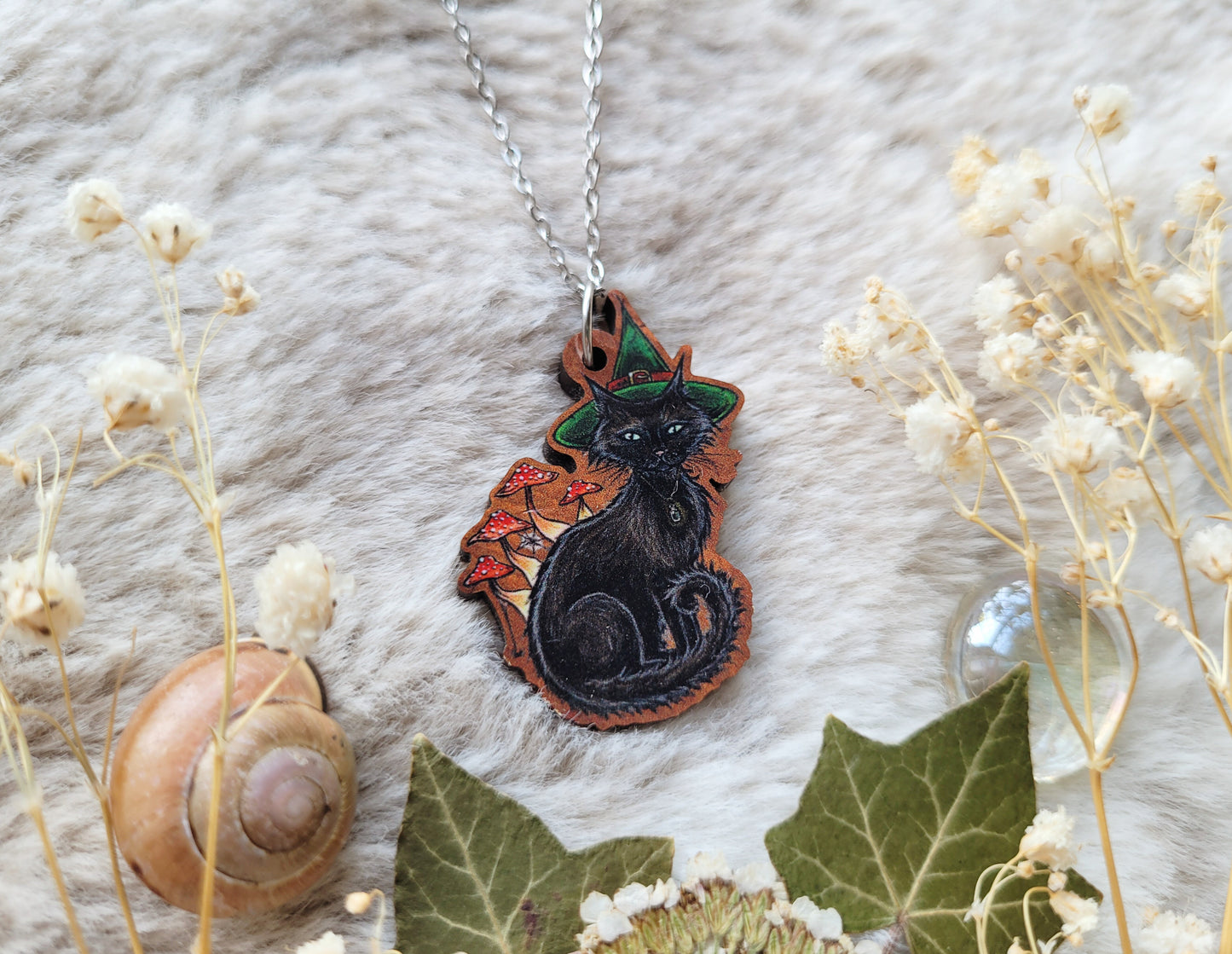 Witches Cat Illustrated necklace, responsibly sourced cherry wood, chain options available, by Grace Moth