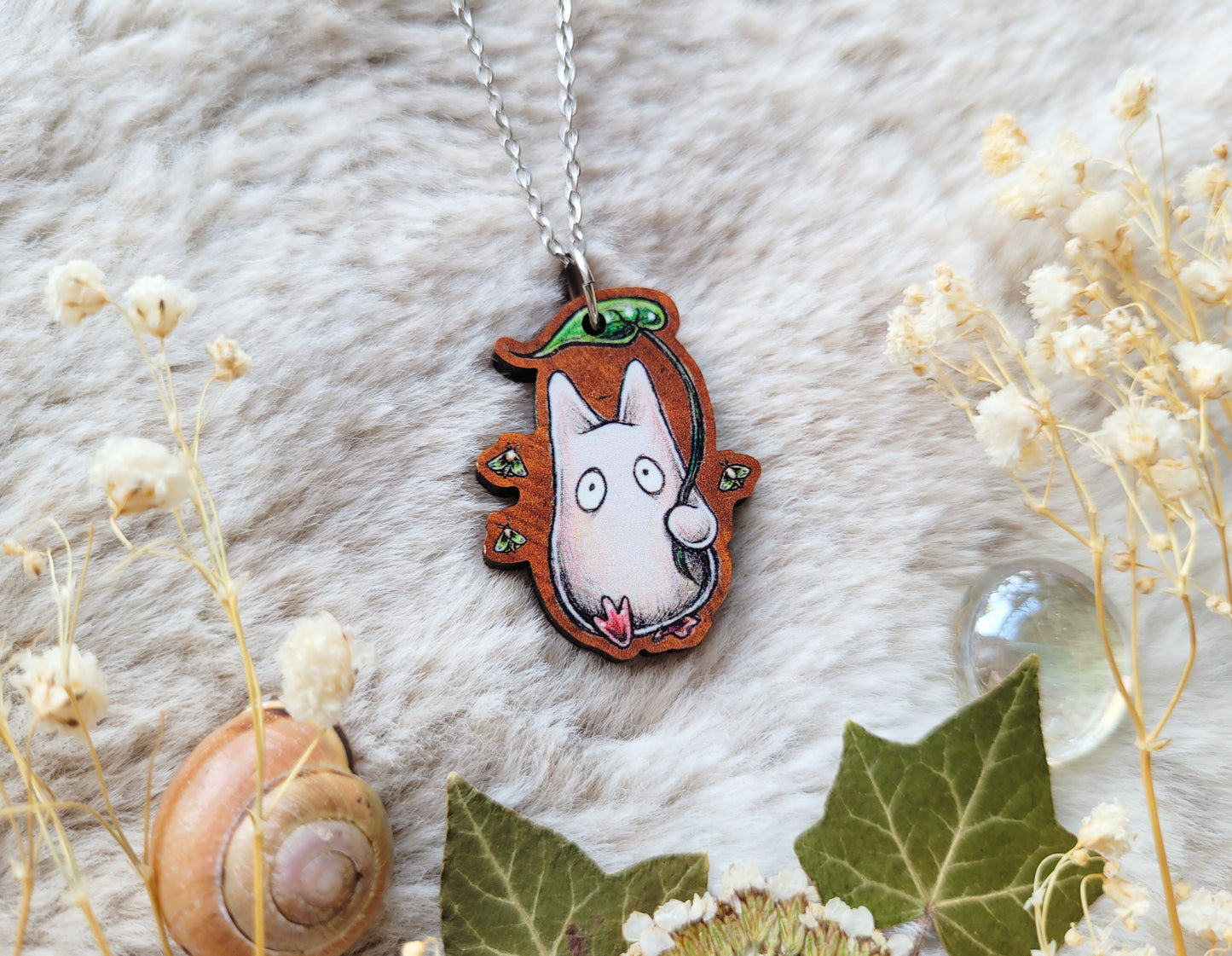 Cute Nature spirit Illustrated necklace, anime inspired, responsibly sourced cherry wood, chain options available, by Grace Moth