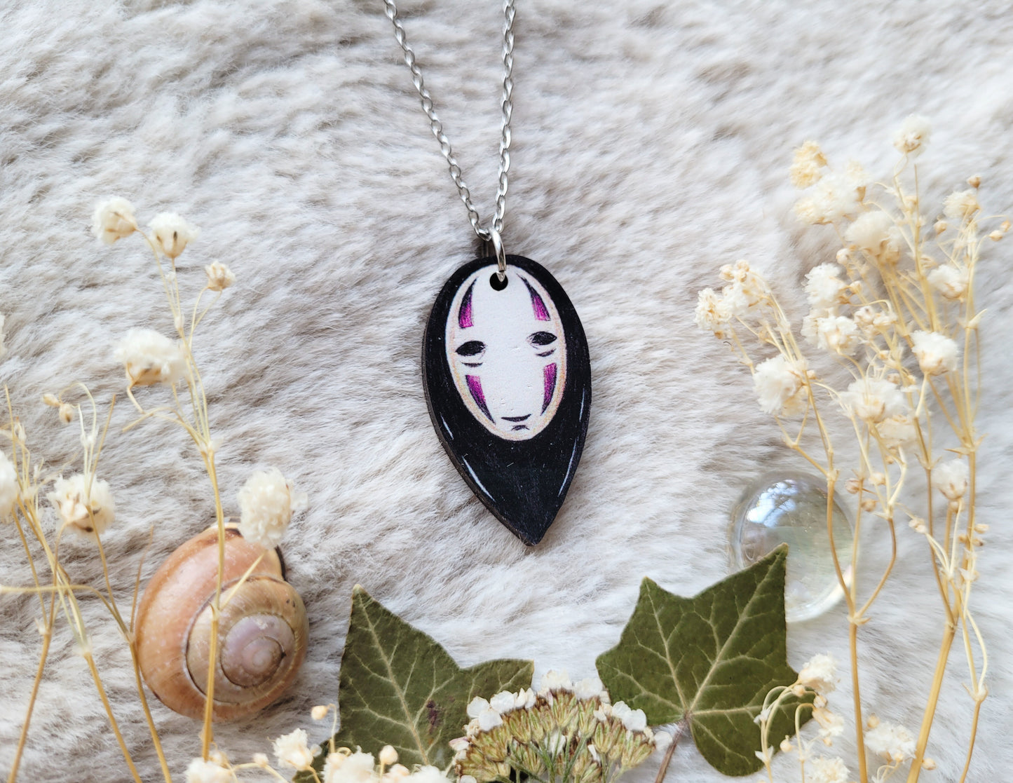 No Face spirit Illustrated necklace, anime inspired, responsibly sourced cherry wood, chain options available, by Grace Moth