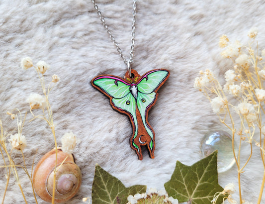Luna Moth illustrated necklace, responsibly sourced cherry wood, chain options available, by Grace Moth