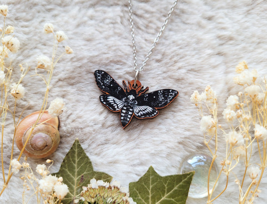 Death Head Hawk Moth illustrated necklace, responsibly sourced cherry wood, chain options available, by Grace Moth