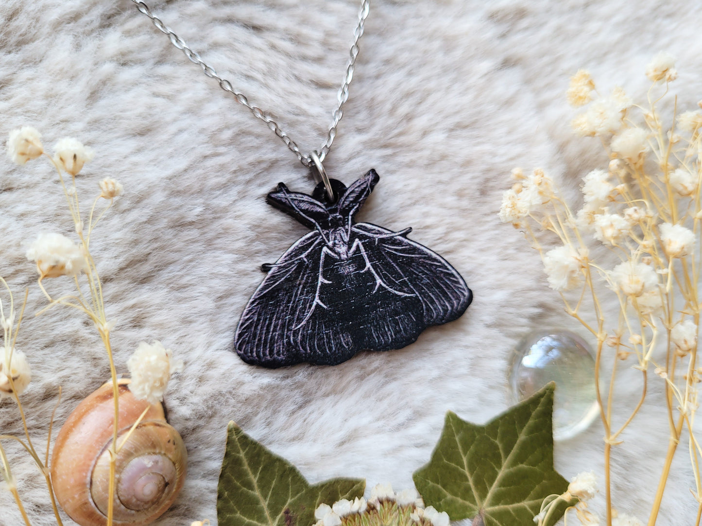 Dark Moth Illustrated necklace, responsibly sourced cherry wood, chain options available, by Grace Moth