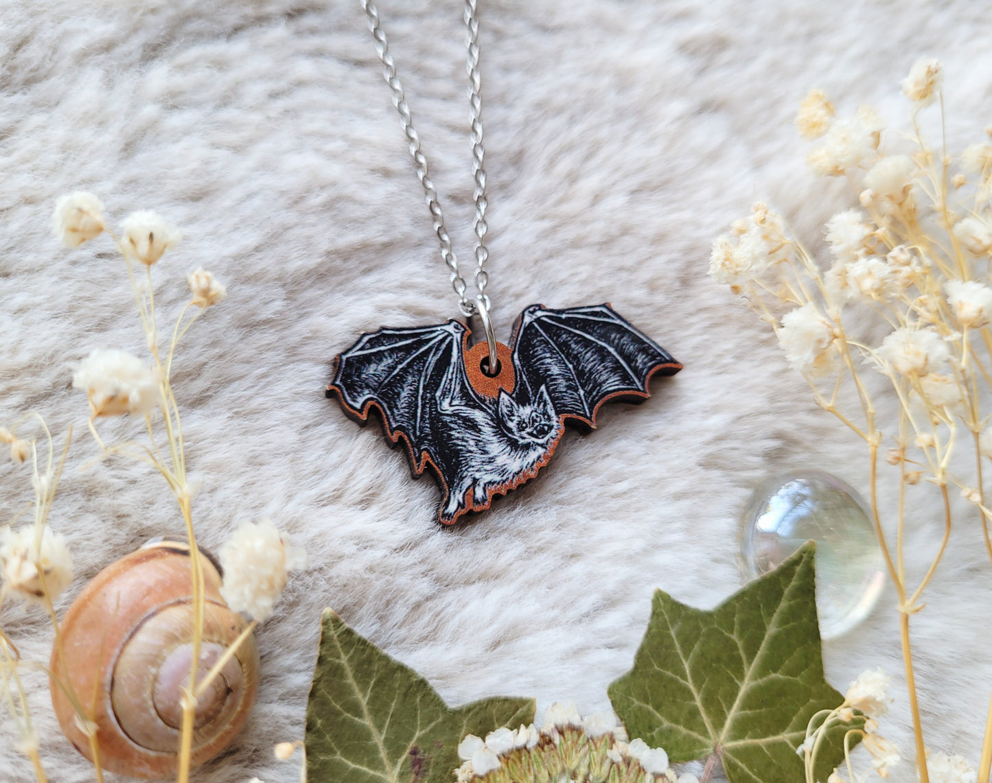 Bat illustrated necklace, responsibly sourced cherry wood, chain options available, by Grace Moth