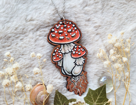 Large Rust Mushroom illustrated necklace, toadstool cottagecore, responsibly sourced cherry wood, chain options available, by Grace Moth