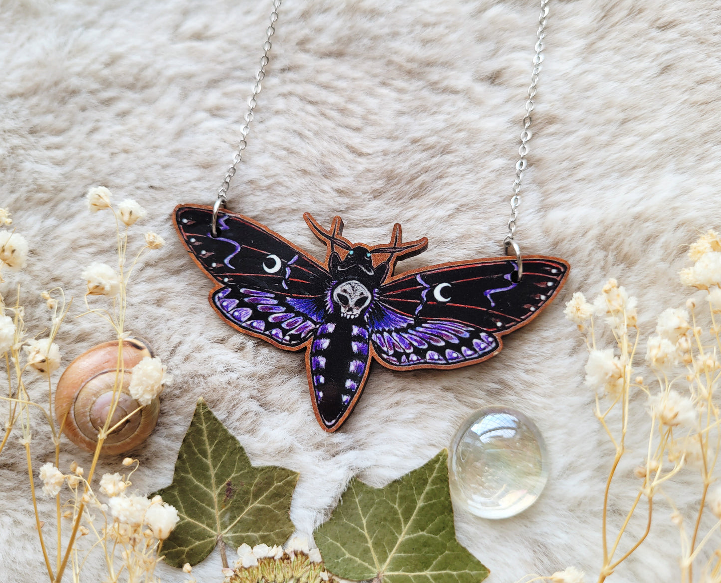 Large purple Moth illustrated necklace, death head hawk, responsibly sourced cherry wood, chain options available, by Grace Moth