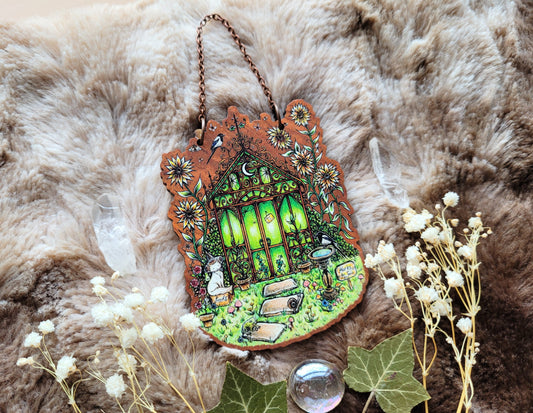 Witchy Greenhouse - Ornament, Wall hanging, 9cm, responsibly sourced cherry wood, chain and ribbon options available, by Grace Moth