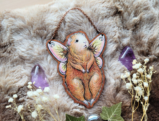 Guinea Pig fairy illustrated ornament, wall hanging, responsibly sourced cherry wood, by Grace Moth