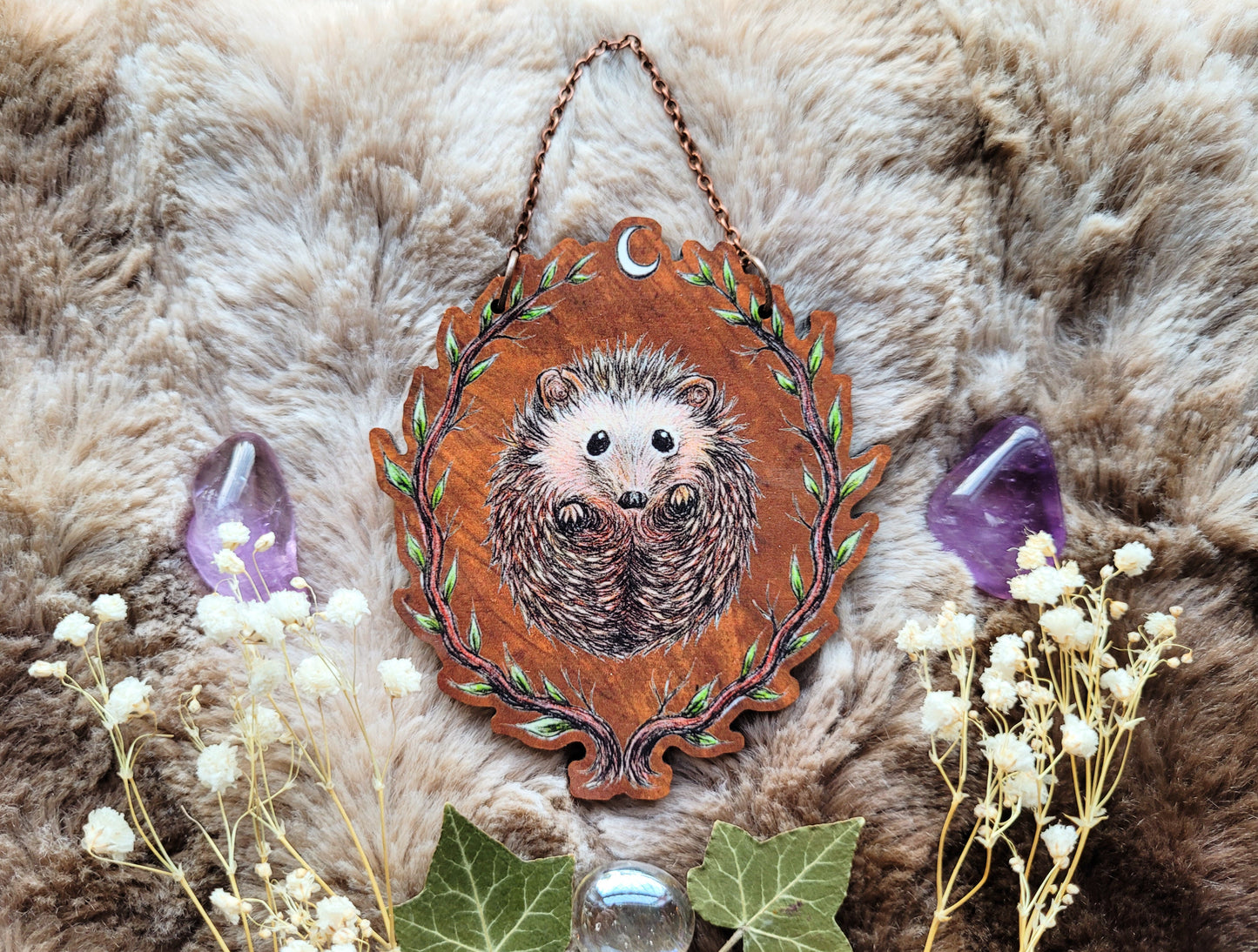 Hedgehog illustrated ornament, wall hanging, cottagecore, responsibly sourced cherry wood, by Grace Moth
