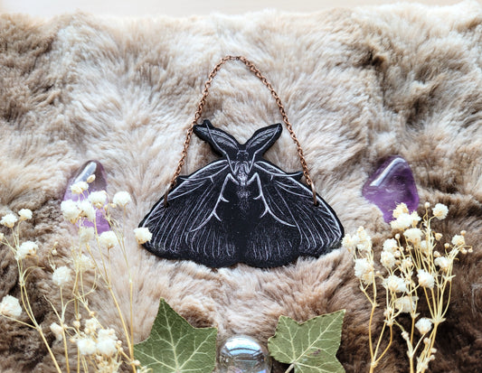 Dark Moth illustrated ornament, wall hanging, responsibly sourced cherry wood, by Grace Moth
