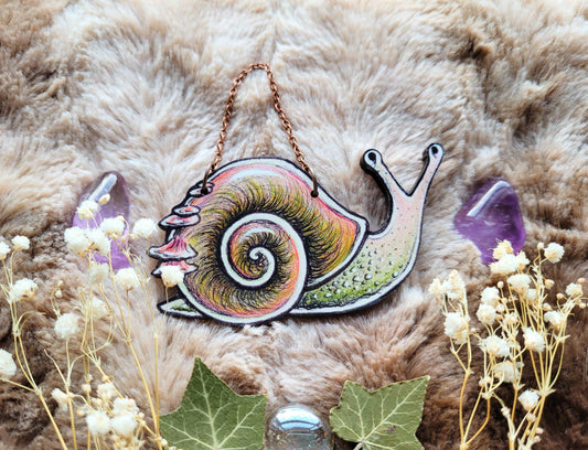 Cute Snail illustrated ornament, wall hanging, responsibly sourced cherry wood, by Grace Moth