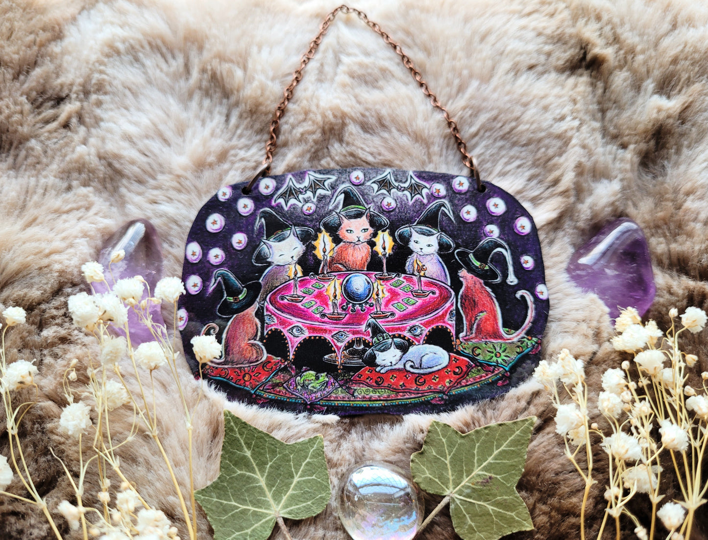 Cat Coven illustrated ornament, wall hanging, responsibly sourced cherry wood, by Grace Moth