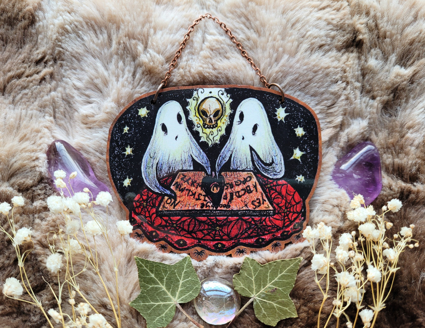 Ghost Seance illustrated ornament, wall hanging, responsibly sourced cherry wood, by Grace Moth