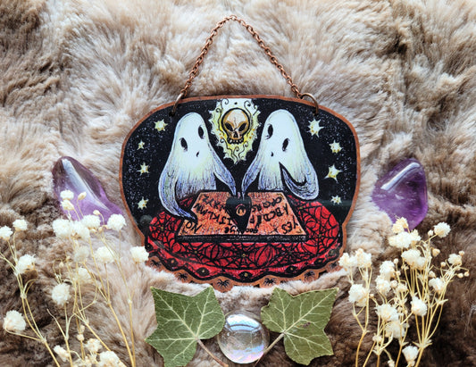 Ghost Seance illustrated ornament, wall hanging, responsibly sourced cherry wood, by Grace Moth