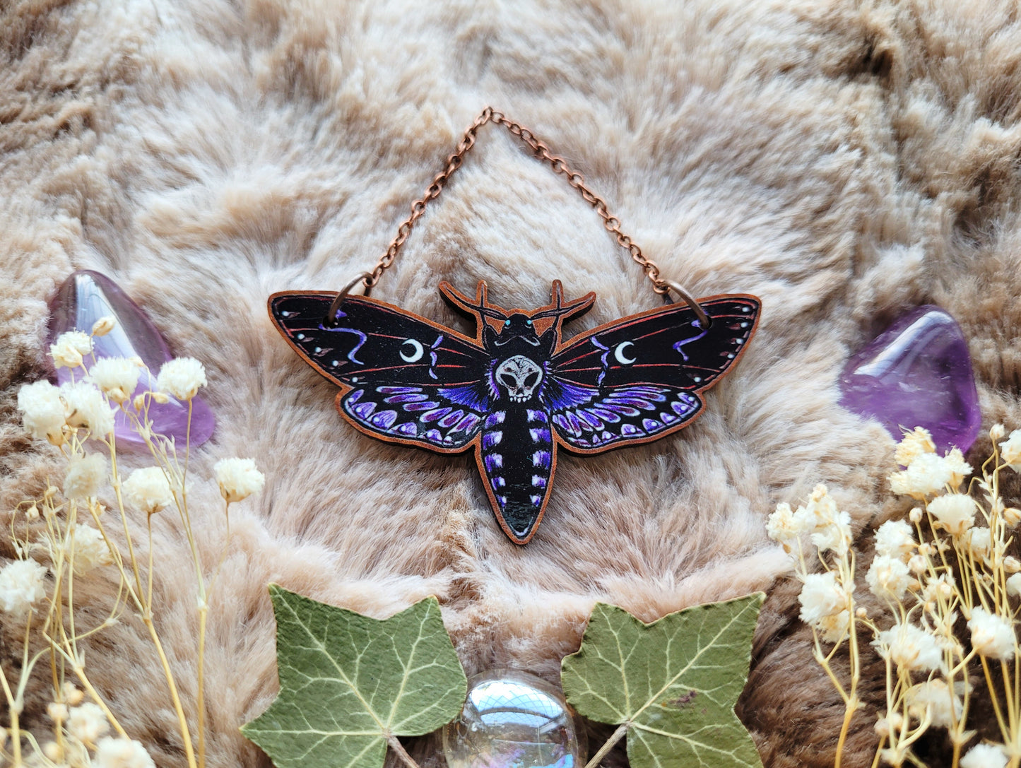 Purple Moth illustrated ornament, death head hawk, wall hanging, responsibly sourced cherry wood, by Grace Moth